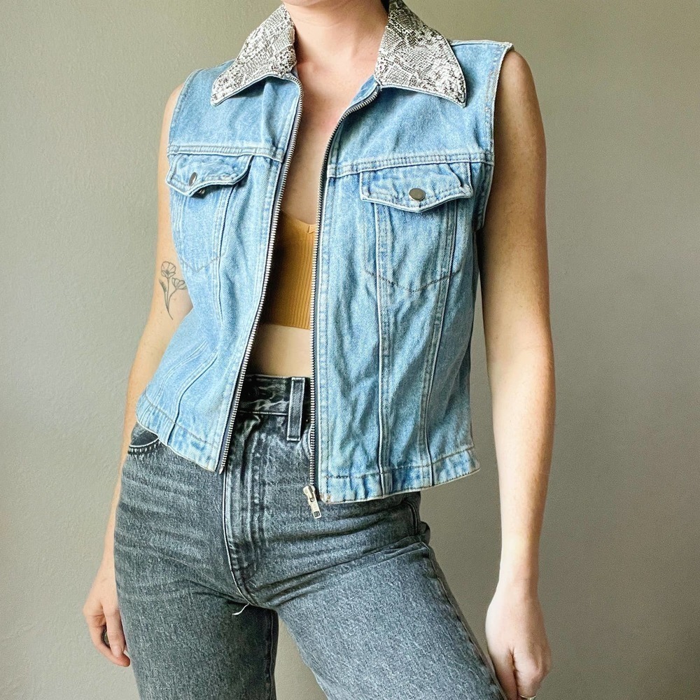 Vintage 90s Denim Zip Up Vest w/ Snakeskin Collar